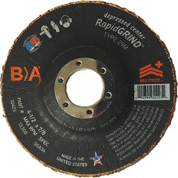 BULLARD - 36 Grit, 4-1/2" Wheel Diam, 1/8" Wheel Thickness, 7/8" Arbor Hole, Type 29 Depressed Center Wheel - Coarse/Extra Coarse Grade, Ceramic, 13,300 Max RPM, Compatible with Angle Grinder - Exact Tool & Supply
