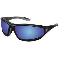 MCR Safety - Blue Mirror Lenses, Framed Safety Glasses - Anti-Fog, Scratch Resistant, Black Polycarbonate Frame, Size Universal, Wrap Around - Exact Tool & Supply
