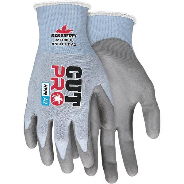 MCR Safety - Size S, ANSI Cut Lvl A2, Polyurethane Coated HPPE Fiber/Stainless Steel Cut Resistant Gloves - Palm & Fingers Coated, HPPE/Stainless Steel Blend Lining, Knit Wrist, Blue, Paired - Exact Tool & Supply