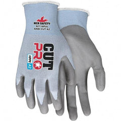 MCR Safety - Size S, ANSI Cut Lvl A2, Polyurethane Coated HPPE Fiber/Stainless Steel Cut Resistant Gloves - Palm & Fingers Coated, HPPE/Stainless Steel Blend Lining, Knit Wrist, Blue, Paired - Exact Tool & Supply