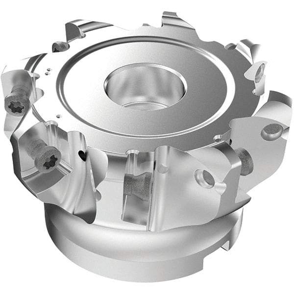 Seco - 8 Inserts, 63.2mm Cutter Diam, 1.8mm Max Depth of Cut, Indexable High-Feed Face Mill - 25.4mm Arbor Hole Diam, 0.3819" Keyway Width, 2" High, R220.21-LP09 Toolholder, LPKT09 Inserts, Series High Feed - Exact Tool & Supply