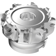 Seco - 8 Inserts, 63.2mm Cutter Diam, 1.8mm Max Depth of Cut, Indexable High-Feed Face Mill - 25.4mm Arbor Hole Diam, 0.3819" Keyway Width, 2" High, R220.21-LP09 Toolholder, LPKT09 Inserts, Series High Feed - Exact Tool & Supply