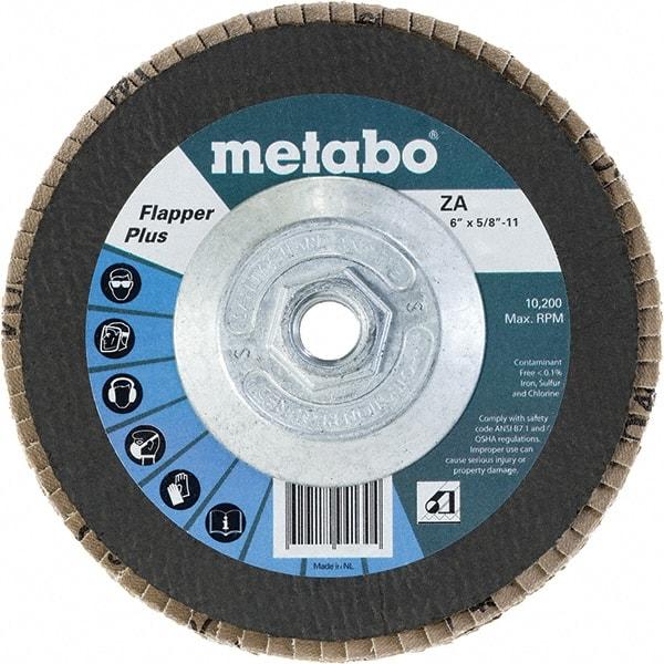 Metabo - 120 Grit, 6" Disc Diam, 5/8-11 Center Hole, Type 29 Zirconia Alumina Flap Disc - 10,200 Max RPM, Fiberglass Backing, Arbor Attaching System, Coated - Exact Tool & Supply