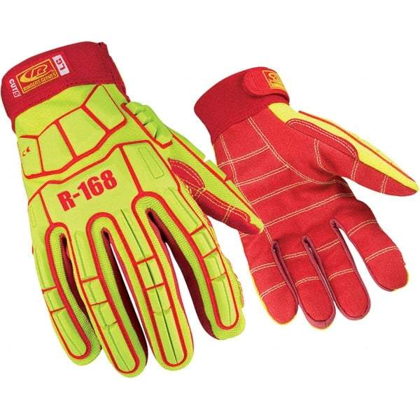 Ringers Gloves - Size L, ANSI Cut Lvl A5, PVC Cut & Puncture Resistant Gloves - Slip-On Cuff, Hi-Vis Yellow/Red, Paired - Exact Tool & Supply