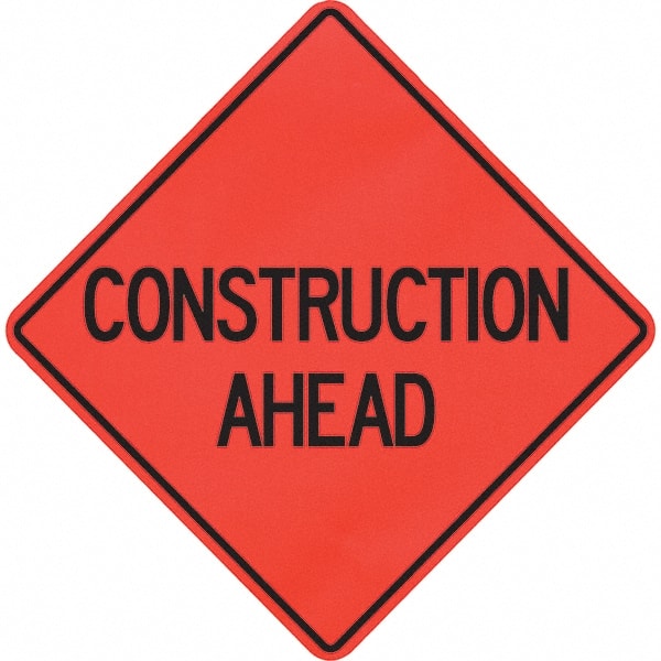 PRO-SAFE - "Construction Ahead," 48" Wide x 48" High Vinyl Traffic Control Sign - Exact Tool & Supply