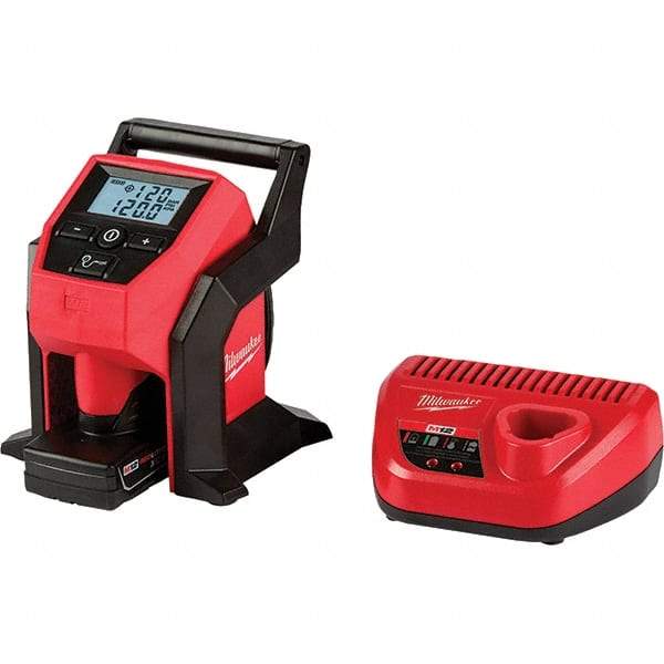 Milwaukee Tool - 12 Volt Automatic Tire Inflator Tool - 120 psi, 26" Hose Length, Tool Only, Auto Shut-Off, Compact, Portable, Anti-Vibration Feet, Weather Resistant, Impact Resistant - Exact Tool & Supply