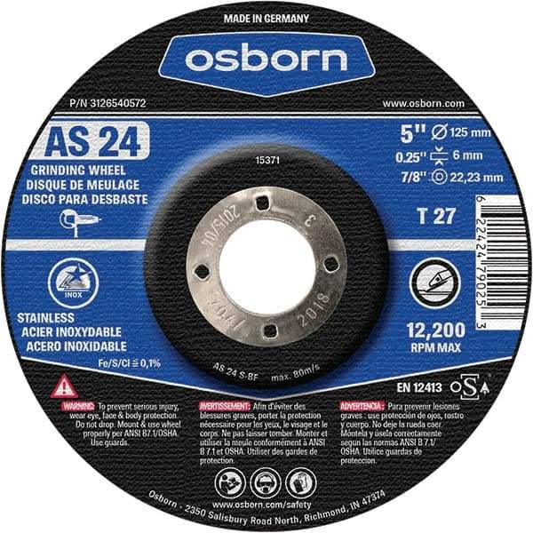 Osborn - 24 Grit, 5" Wheel Diam, 1/4" Wheel Thickness, 7/8" Arbor Hole, Type 27 Depressed Center Wheel - Coarse Grade, Aluminum Oxide, 12,225 Max RPM - Exact Tool & Supply