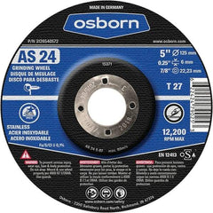 Osborn - 24 Grit, 5" Wheel Diam, 1/4" Wheel Thickness, 7/8" Arbor Hole, Type 27 Depressed Center Wheel - Coarse Grade, Aluminum Oxide, 12,225 Max RPM - Exact Tool & Supply