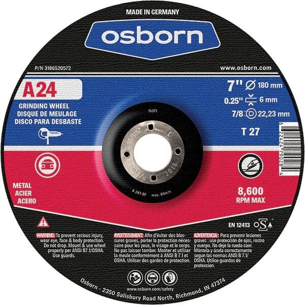 Osborn - 24 Grit, 7" Wheel Diam, 1/4" Wheel Thickness, 7/8" Arbor Hole, Type 27 Depressed Center Wheel - Coarse Grade, Aluminum Oxide, 8,600 Max RPM - Exact Tool & Supply