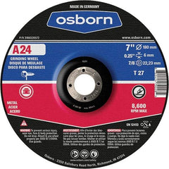 Osborn - 24 Grit, 7" Wheel Diam, 1/4" Wheel Thickness, 7/8" Arbor Hole, Type 27 Depressed Center Wheel - Coarse Grade, Aluminum Oxide, 8,600 Max RPM - Exact Tool & Supply