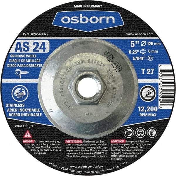 Osborn - 24 Grit, 5" Wheel Diam, 1/4" Wheel Thickness, Type 27 Depressed Center Wheel - Coarse Grade, Aluminum Oxide, 12,225 Max RPM - Exact Tool & Supply