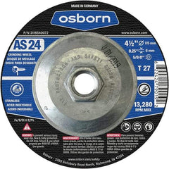 Osborn - 24 Grit, 4-1/2" Wheel Diam, 1/4" Wheel Thickness, Type 27 Depressed Center Wheel - Coarse Grade, Aluminum Oxide, 13,280 Max RPM - Exact Tool & Supply