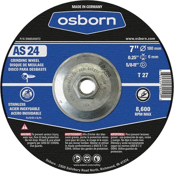 Osborn - 24 Grit, 7" Wheel Diam, 1/4" Wheel Thickness, Type 27 Depressed Center Wheel - Coarse Grade, Aluminum Oxide, 8,600 Max RPM - Exact Tool & Supply