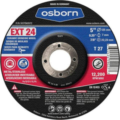 Osborn - 24 Grit, 5" Wheel Diam, 1/4" Wheel Thickness, 7/8" Arbor Hole, Type 27 Depressed Center Wheel - Coarse Grade, Ceramic, 12,225 Max RPM - Exact Tool & Supply