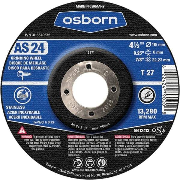 Osborn - 24 Grit, 4-1/2" Wheel Diam, 1/4" Wheel Thickness, 7/8" Arbor Hole, Type 27 Depressed Center Wheel - Coarse Grade, Aluminum Oxide, 13,280 Max RPM - Exact Tool & Supply