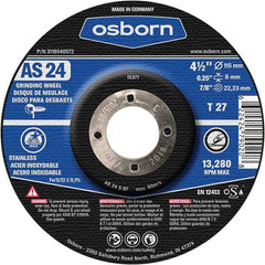 Osborn - 24 Grit, 4-1/2" Wheel Diam, 1/4" Wheel Thickness, 7/8" Arbor Hole, Type 27 Depressed Center Wheel - Coarse Grade, Aluminum Oxide, 13,280 Max RPM - Exact Tool & Supply