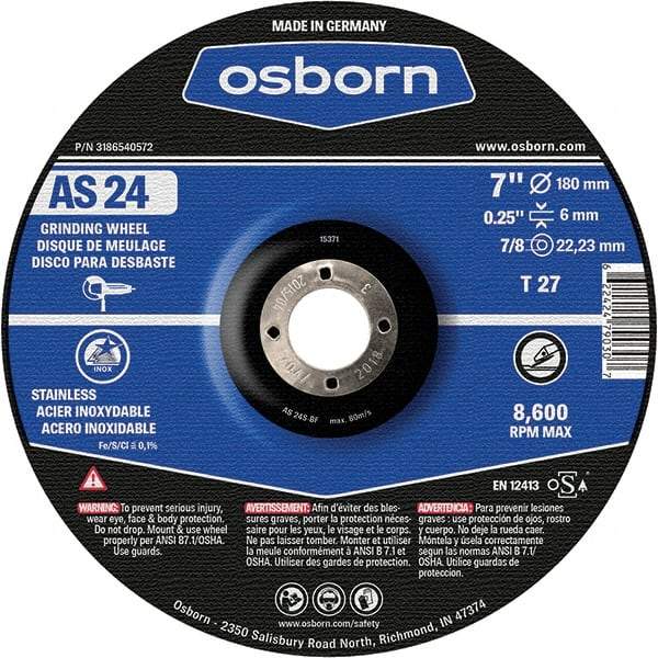 Osborn - 24 Grit, 7" Wheel Diam, 1/4" Wheel Thickness, 7/8" Arbor Hole, Type 27 Depressed Center Wheel - Coarse Grade, Aluminum Oxide, 8,600 Max RPM - Exact Tool & Supply