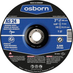 Osborn - 24 Grit, 7" Wheel Diam, 1/4" Wheel Thickness, 7/8" Arbor Hole, Type 27 Depressed Center Wheel - Coarse Grade, Aluminum Oxide, 8,600 Max RPM - Exact Tool & Supply