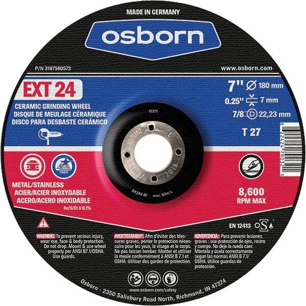 Osborn - 24 Grit, 7" Wheel Diam, 1/4" Wheel Thickness, 7/8" Arbor Hole, Type 27 Depressed Center Wheel - Coarse Grade, Ceramic, 8,600 Max RPM - Exact Tool & Supply