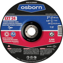 Osborn - 24 Grit, 7" Wheel Diam, 1/4" Wheel Thickness, 7/8" Arbor Hole, Type 27 Depressed Center Wheel - Coarse Grade, Ceramic, 8,600 Max RPM - Exact Tool & Supply