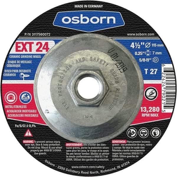 Osborn - 24 Grit, 4-1/2" Wheel Diam, 1/4" Wheel Thickness, Type 27 Depressed Center Wheel - Coarse Grade, Ceramic, 13,280 Max RPM - Exact Tool & Supply