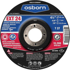 Osborn - 24 Grit, 4-1/2" Wheel Diam, 1/4" Wheel Thickness, 7/8" Arbor Hole, Type 27 Depressed Center Wheel - Coarse Grade, Ceramic, 13,280 Max RPM - Exact Tool & Supply