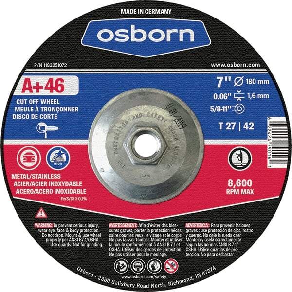 Osborn - 7" 46 Grit Aluminum Oxide Cutoff Wheel - 0.06" Thick, 5/8-11 Arbor, Use with Angle Grinders - Exact Tool & Supply