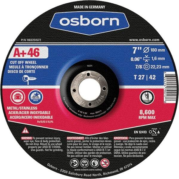 Osborn - 7" 46 Grit Aluminum Oxide Cutoff Wheel - 0.06" Thick, 7/8" Arbor, Use with Angle Grinders - Exact Tool & Supply