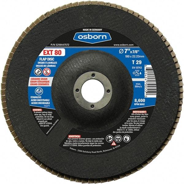 Osborn - 80 Grit, 7" Disc Diam, 7/8" Center Hole, Type 29 Ceramic Flap Disc - 8,600 Max RPM, Fiberglass Backing, Arbor Attaching System, Coated - Exact Tool & Supply