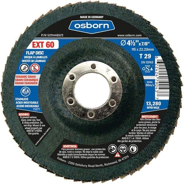 Osborn - 60 Grit, 4-1/2" Disc Diam, 7/8" Center Hole, Type 29 Ceramic Flap Disc - 13,280 Max RPM, Fiberglass Backing, Arbor Attaching System, Coated - Exact Tool & Supply