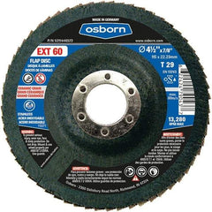 Osborn - 60 Grit, 4-1/2" Disc Diam, 7/8" Center Hole, Type 29 Ceramic Flap Disc - 13,280 Max RPM, Fiberglass Backing, Arbor Attaching System, Coated - Exact Tool & Supply