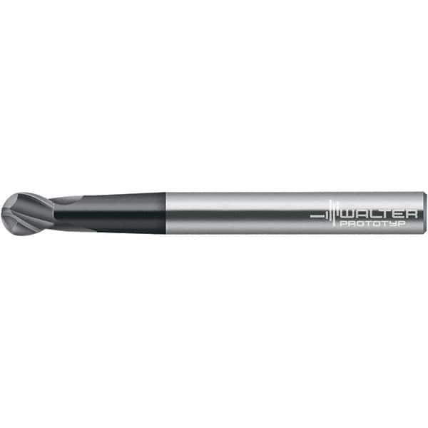 Walter-Prototyp - 8mm Diam, 9mm LOC, 2 Flute Solid Carbide Ball End Mill - TiAlN Finish, 100mm OAL, 8mm Shank Diam - Exact Tool & Supply