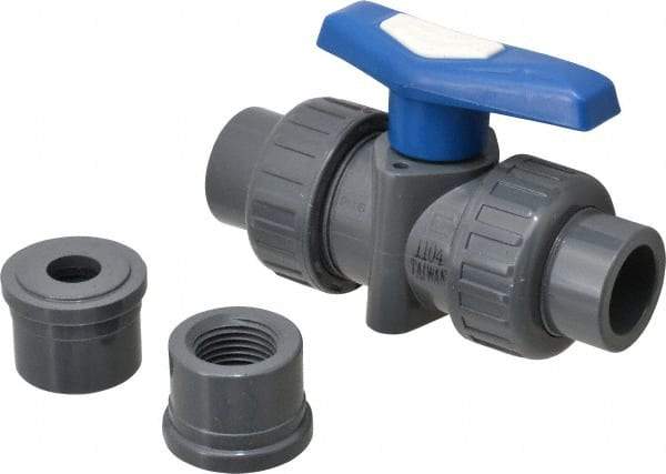 Simtech - 1/2" Pipe, Full Port, PVC True Union Design Ball Valve - Inline - Two Way Flow, FNPT x FNPT (with Socket Adapter) Ends, Tee Handle, 232 WOG - Exact Tool & Supply