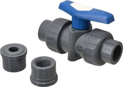 Simtech - 1/2" Pipe, Full Port, PVC True Union Design Ball Valve - Inline - Two Way Flow, FNPT x FNPT (with Socket Adapter) Ends, Tee Handle, 232 WOG - Exact Tool & Supply