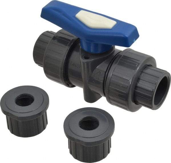 Simtech - 3/4" Pipe, Full Port, PVC True Union Design Ball Valve - Inline - Two Way Flow, FNPT x FNPT (with Socket Adapter) Ends, Tee Handle, 232 WOG - Exact Tool & Supply
