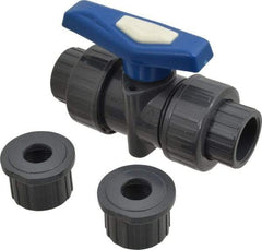 Simtech - 3/4" Pipe, Full Port, PVC True Union Design Ball Valve - Inline - Two Way Flow, FNPT x FNPT (with Socket Adapter) Ends, Tee Handle, 232 WOG - Exact Tool & Supply