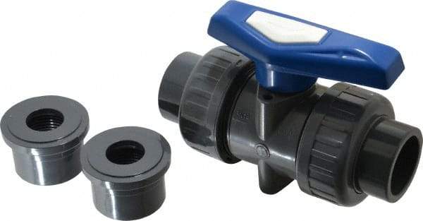 Simtech - 1" Pipe, Full Port, PVC True Union Design Ball Valve - Inline - Two Way Flow, FNPT x FNPT (with Socket Adapter) Ends, Tee Handle, 232 WOG - Exact Tool & Supply