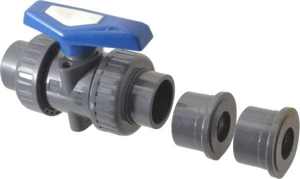 Simtech - 1-1/4" Pipe, Full Port, PVC True Union Design Ball Valve - Inline - Two Way Flow, FNPT x FNPT (with Socket Adapter) Ends, Tee Handle, 232 WOG - Exact Tool & Supply