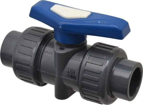 Simtech - 3/4" Pipe, Full Port, PVC True Union Design Ball Valve - Inline - Two Way Flow, FNPT x FNPT (with Socket Adapter) Ends, Tee Handle, 232 WOG - Exact Tool & Supply