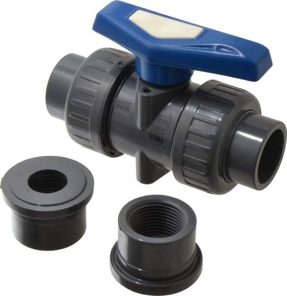 Simtech - 1" Pipe, Full Port, PVC True Union Design Ball Valve - Inline - Two Way Flow, FNPT x FNPT (with Socket Adapter) Ends, Tee Handle, 232 WOG - Exact Tool & Supply