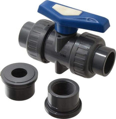 Simtech - 1" Pipe, Full Port, PVC True Union Design Ball Valve - Inline - Two Way Flow, FNPT x FNPT (with Socket Adapter) Ends, Tee Handle, 232 WOG - Exact Tool & Supply