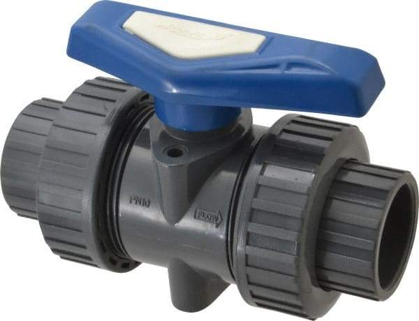 Simtech - 1-1/4" Pipe, Full Port, PVC True Union Design Ball Valve - Inline - Two Way Flow, FNPT x FNPT (with Socket Adapter) Ends, Tee Handle, 232 WOG - Exact Tool & Supply