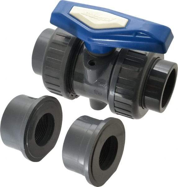 Simtech - 1-1/2" Pipe, Full Port, PVC True Union Design Ball Valve - Inline - Two Way Flow, FNPT x FNPT (with Socket Adapter) Ends, Tee Handle, 232 WOG - Exact Tool & Supply