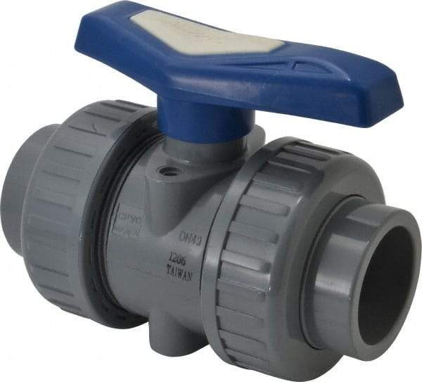 Simtech - 1-1/2" Pipe, Full Port, CPVC True Union Design Ball Valve - Inline - Two Way Flow, FNPT x FNPT (with Socket Adapter) Ends, Tee Handle, 232 WOG - Exact Tool & Supply