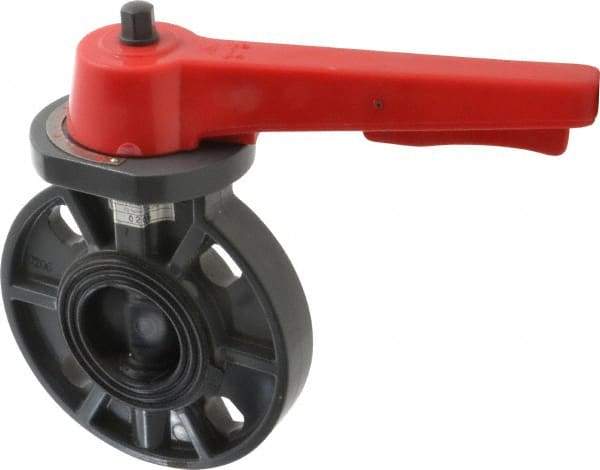Simtech - 2" Pipe, Wafer Butterfly Valve - Lever Handle, PVC Body, EPDM Seat, 150 WOG, Polypropylene Disc, Stainless Steel Stem - Exact Tool & Supply