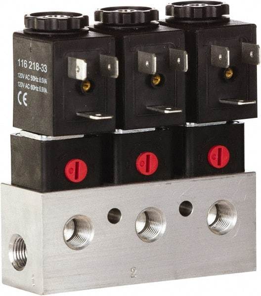 ARO/Ingersoll-Rand - 1/8", CAT Series 3-Way 2-Position Bar Manifold Stacking Solenoid Valve - 24 VDC, 0.062 CV Rate, 3.275" High x 4" Long - Exact Tool & Supply