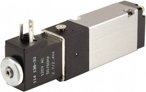 ARO/Ingersoll-Rand - 1/8" Inlet x 1/8" Outlet, Solenoid Actuator, Spring Return, 2 Position, Body Ported Solenoid Air Valve - 120 VAC Input, 0.7 CV, 4 Way, 115 psi, 122° Max Temp - Exact Tool & Supply