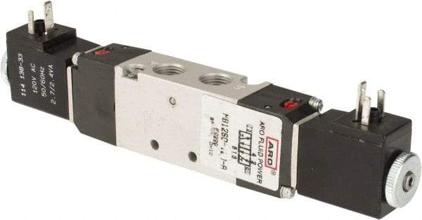 ARO/Ingersoll-Rand - 1/8" Inlet x 1/8" Outlet, Solenoid Actuator, Solenoid Return, 3 Position, Body Ported Solenoid Air Valve - 24 VDC Input, 0.5 CV, 4 Way, 115 psi, 122° Max Temp - Exact Tool & Supply