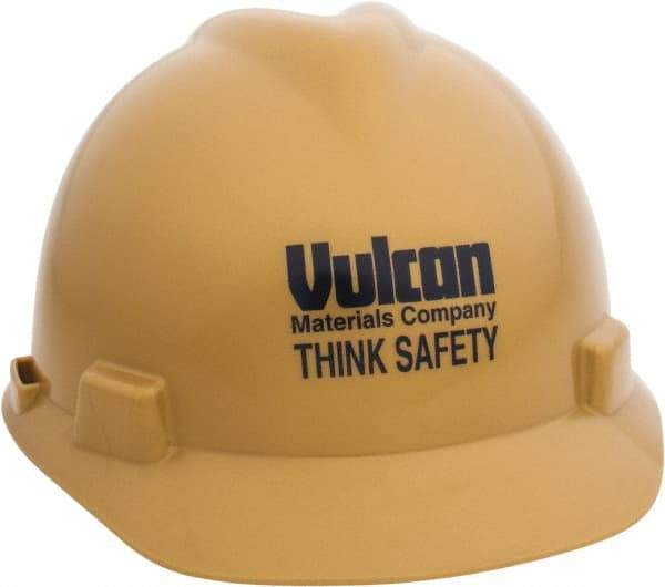 MSA - ANSI Type I, Class E Rated, 4-Point, Ratchet Adjustment Hard Hat - Size 6-1/2 to 8, Gold, Standard Brim, Vulcan - Exact Tool & Supply