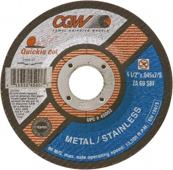 Camel Grinding Wheels - 60 Grit, 7" Wheel Diam, 1/16" Wheel Thickness, 7/8" Arbor Hole, Type 27 Depressed Center Wheel - Medium Grade, Zirconia Alumina, Resinoid Bond, S Hardness, 8,500 Max RPM - Exact Tool & Supply